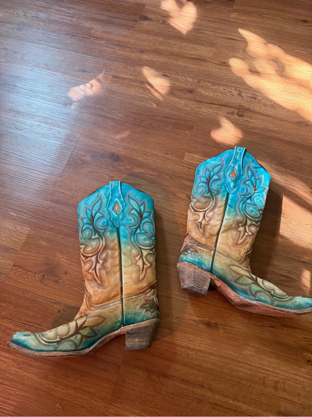 Turquoise and Tan Embroidered Western Heeled Boots